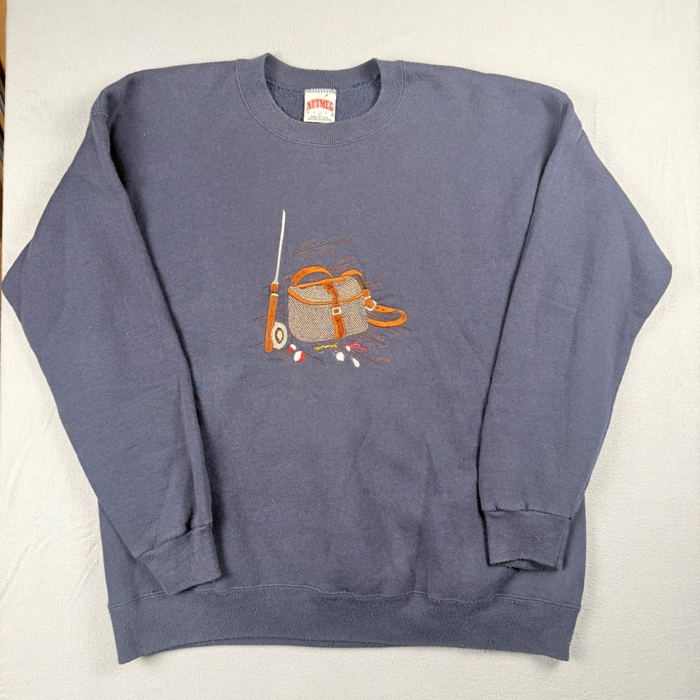 Vintage Nutmeg Mills Fly Fishing Embroidered Sweatshirt Mens XL Navy Blue USA